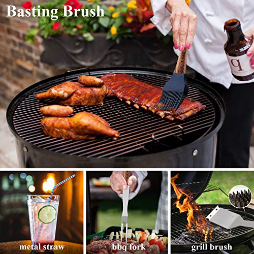 ROMANTICIST 25pcs Extra Thick BBQ Grill Accessories, Father's Day Grilling Gifts Set for Men Dad, Heavy Duty Grill Tools Utensils Kit with Spatula, Tongs in Aluminum Case for Birthday Brown