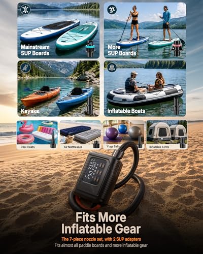 12V DC Paddle Board Pump, Electric Portable SUP Air Pump with Car Cigarette Lighter, Preset Pressure & Auto-Off, Dual-Stage Fast Inflate/Deflate, 20 PSI Max, 7 Nozzles for Paddleboards, Kayaks, Boats | 12V vehicle-powered SUP pump with dual-stage inflation, preset pressure and auto shut-off up to 20 PSI.