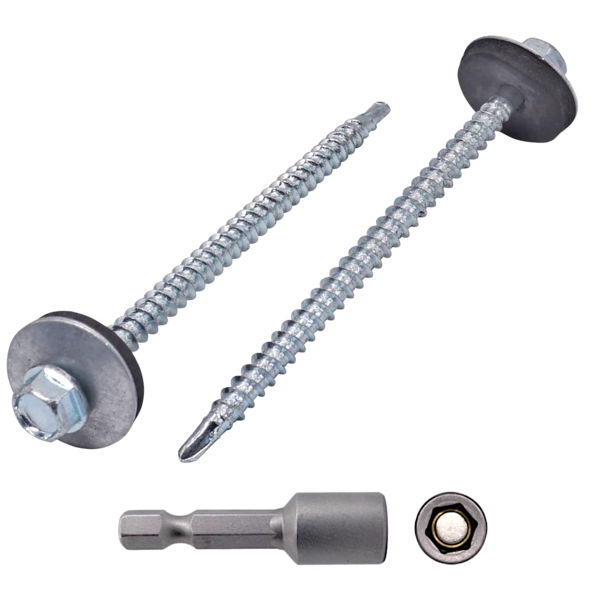 Marcopol (Pack of 80 pcs) DIN 7504-K Zinc Plated Steel 4.8 x 80 mm Self-Drilling Screws With EPDM Washers, Hex Washer Head, Sheet Metal Screw, Self Tapping (80, 4.8 x 80 mm), Silver