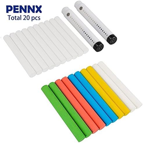 [20-Count] Chalkboard Chalk, PENNX Non-Toxic Dustless 12 White Chalk and 8 Colored Chalk (4 Colors, 2 of Each) with 2 free chalk holders for School and Office Use