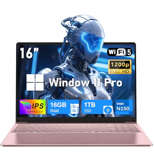 NIAKUN 16 Inch Laptop Computer, Gaming Laptop 2025, 16GB RAM 1TB SSD, N150 Processor(Up to 3.6GHz), FHD 1920 * 1200, 180° Open, Backlit, BT4 WIFI5, Win11 Pro, 6000mAh/46.2Wh, Gold Pink