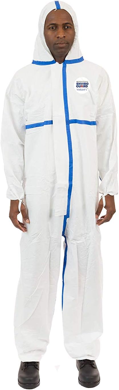 ViroGuard 1 Biohazard Protection Coverall (White) with Attached Hood and Elastic Wrist and Ankle (L, Case of 25)