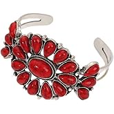 FFLaiwah Turquoise Cuff Bracelet for Women Vintage Style Adjustable Cuff With Cluster Flower Western Cowgirl Bangle Bracelets Bohemian Jewelry