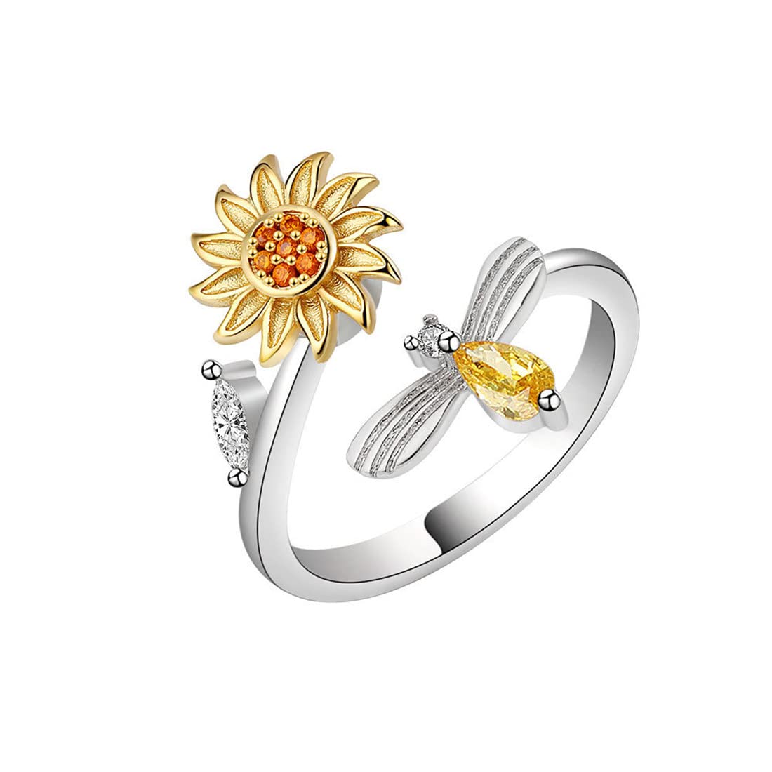 GAUEIOUR To My Daughter Sunflower Fidget Ring,Silver Swivel Anti Stress Anxiety Ring,Rhinestone Adjustable Open Jewelry Gift,Simple And Versatile Popular Anti-Stress Ring