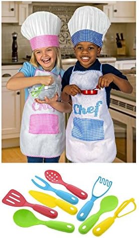 Kid's Chef Hat & Apron with Kitchen Utensils (Blue)