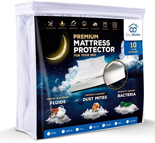 Queen Size OpusDivine Premium Waterproof Hypoallergenic Mattress Protector. Comfortable Cotton Terry Mattress Cover For Your Bed. Noiseless, Breathable, Vinyl Free. 10 Year Warranty.