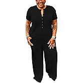 YeGine Plus Size Women Short Sleeve Loose Jumpsuit Casual Rompers One Piece Button Up Wide Leg Jumpsuits