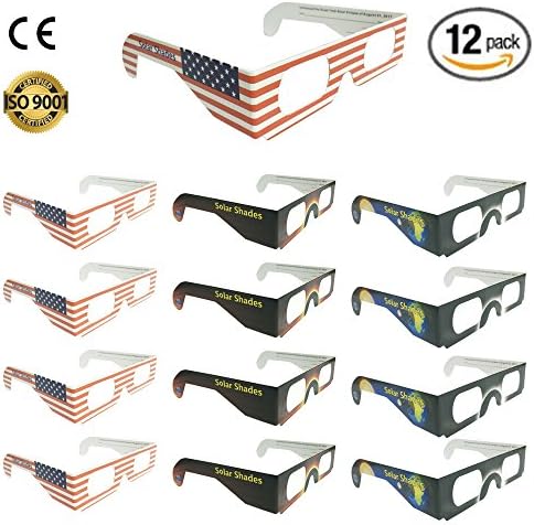 Solar Shades Eclipse Protective Glasses 2017 ISO CE Certified Safe For Children and Adult Members Viewing Total Solar Eclipse Custom Design Assorted 12 pack