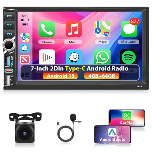 Motorsi 4+64G 2Din 7 Inch Car Radio with Wireless A-pple Carplay/Android Auto, Android Screen with GPS/Bluetooth/Mirror Link/SWC/FM/RDS/WiFi Support Rear Camera