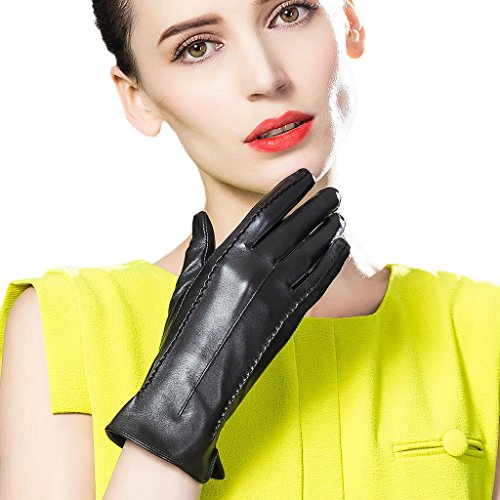 CASF Women's Driving Winter Genuine Lambskin Leather Gloves For Women Black M