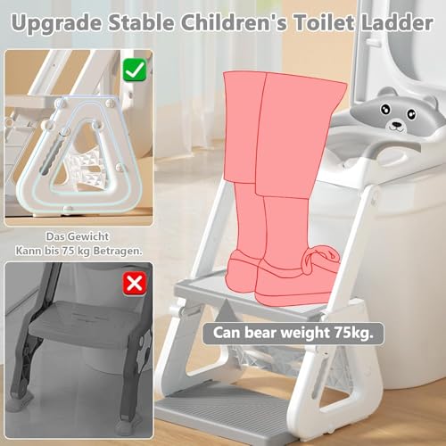 ZERIFAM Potty Training Seat 2 in 1, Children's Toilet Seat with Steps, Ultimate Stability Toddler Toilet Seat, Foldable Adjustable, For Kids Boys Girls Toddlers Potty Chair with PVC Cushion (Grey)