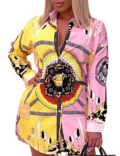 Women's Sexy Floral Print Simple Button Down Long Sleeve Collar Loose T-Shirt Blouse Tops Mini Dress Yellow Pink