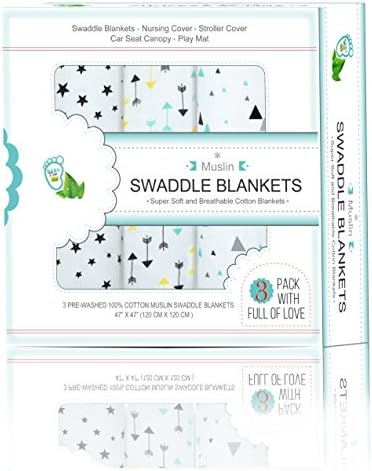 Baby Muslin Swaddle Blankets for Boys and Girls 47”x47'' 3 Pack | Silky Soft, Breathable, Lightweight, Unisex &amp; Comfy Swaddling Covers for Nursing, Play Mat, Car Seat Canopy, Stroller Or Changing Pad