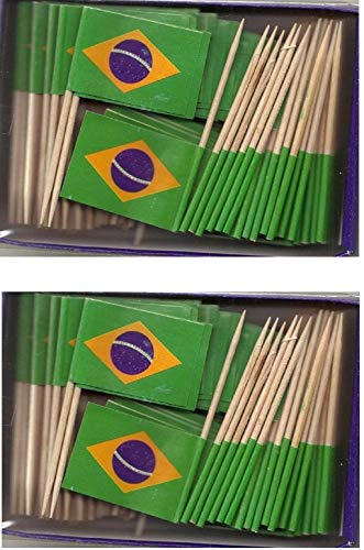 2 Boxes of Mini Brazil Toothpick Flags, 200 Small Brazilian Flag Toothpicks or Cocktail Sticks & Picks