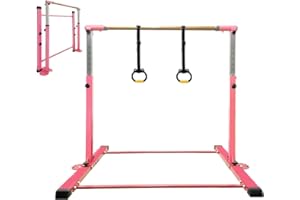 JC-ATHLETICS Gymnastics Bar for Kids Girls Ages 3-15 with Ring for Home Indoor Training Equipment- Steady Steel Construction, Anti-Slip, Easy to Assemble, 3' to 5' Adjustable Height