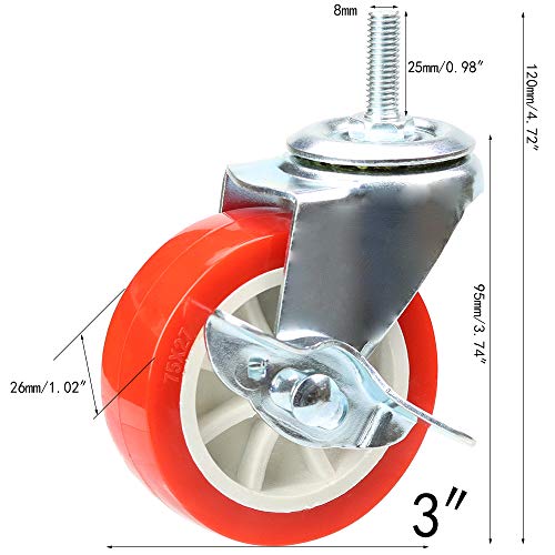 3 Inch Swivel Caster Wheels with Brake Set of 4, YEEMIGO Metric Size M8×25mm Threaded Stem