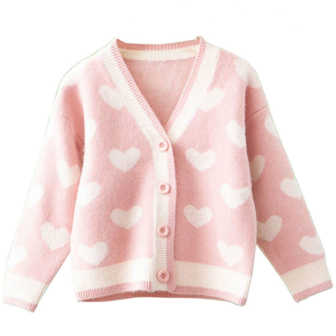 Photo 1 of FindThy Girls Heart Print Cute Cardigan Long Sleeve V Neck Brushed Sweater Kawaii Cardigan Coat(0944-Pink-L-LB)