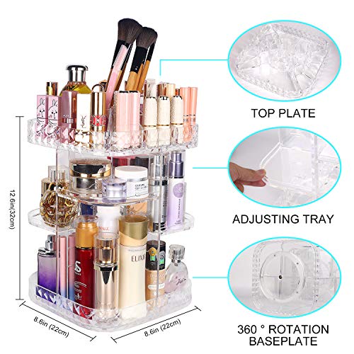 360 Lazy Susan Makeup Organizer, Square Bathroom Shelf Revolving Countertop Tower Display Case Cosmetic Storage Holder, Crystal Clear