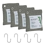 Bamboo Charcoal Air Purifying Bag 4 Pack Come with 4 Hooks, 200g Natural Air Purifying Bags, Activated Charcoal Odor Eliminators Charcoal Bags, Home and Car Air Purifier, Closet Freshener