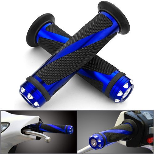 Astra Depot 2pcs Universal Blue Motorcycle Grips with Billet Aluminum Bar End Cap Plug Slider For 7/8