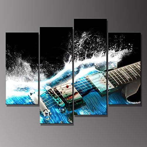 4 Pieces Oil Painting Artistic Blue Guitar Water Waves Music Painting Pictures Prints On Canvas Home Kitchen Hall Wall Art Decoration Hanging Framed by uLinked Art