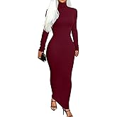 Memoriesea Women's Basic Turtleneck Long Sleeve Ribbed Bodycon Fall Slim Solid Maix Pencil Dress