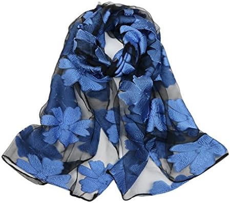 Leaves Flowers Long Shawl Spring And Autumn Echarpe Organza QT003 blue flower