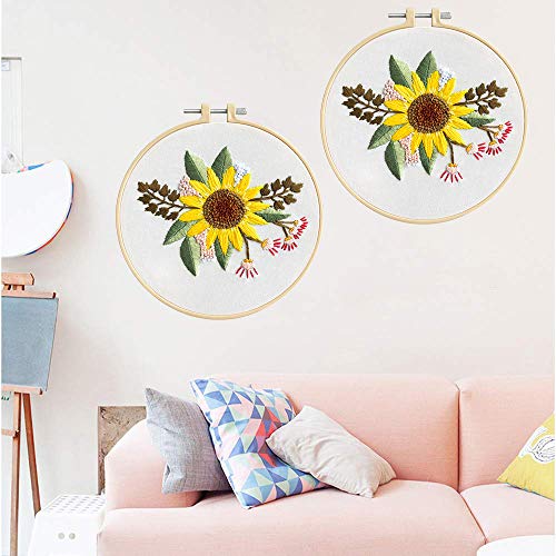 Unime Full Range of Embroidery Starter Kit with Pattern, Cross Stitch Kit Including Embroidery Cloth with Color Pattern, Embroidery Hoop, Color Threads, and Tools Kit(Sunflower,Bouquet)