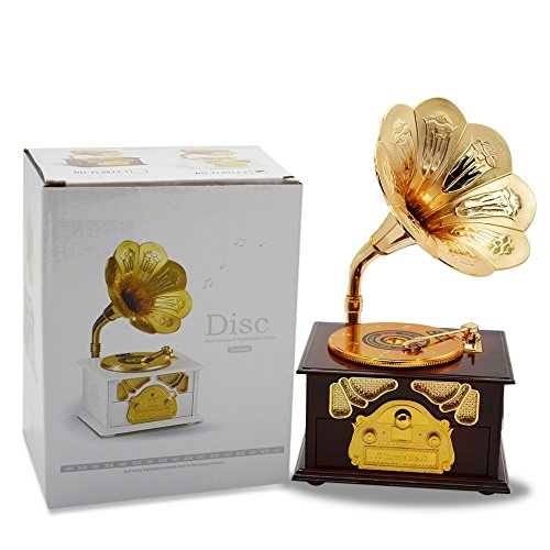 Wind up Music Box Vintage Look Music Box With Jewelry Box - Table Desk Decoration and Gift (Disc Machine, Brown)