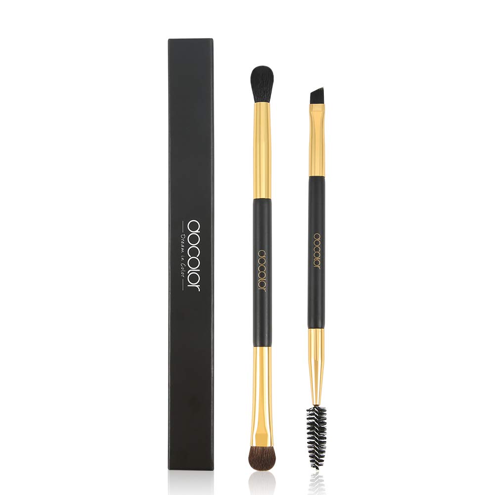 Docolor Duo Eyebrow Brush with Eyeshadow Brush, 2 Piece Professional Angled Eye Brow Brush and Spoolie Brush with Eye Shadow Brush and Blending Brush(Black/Golden)