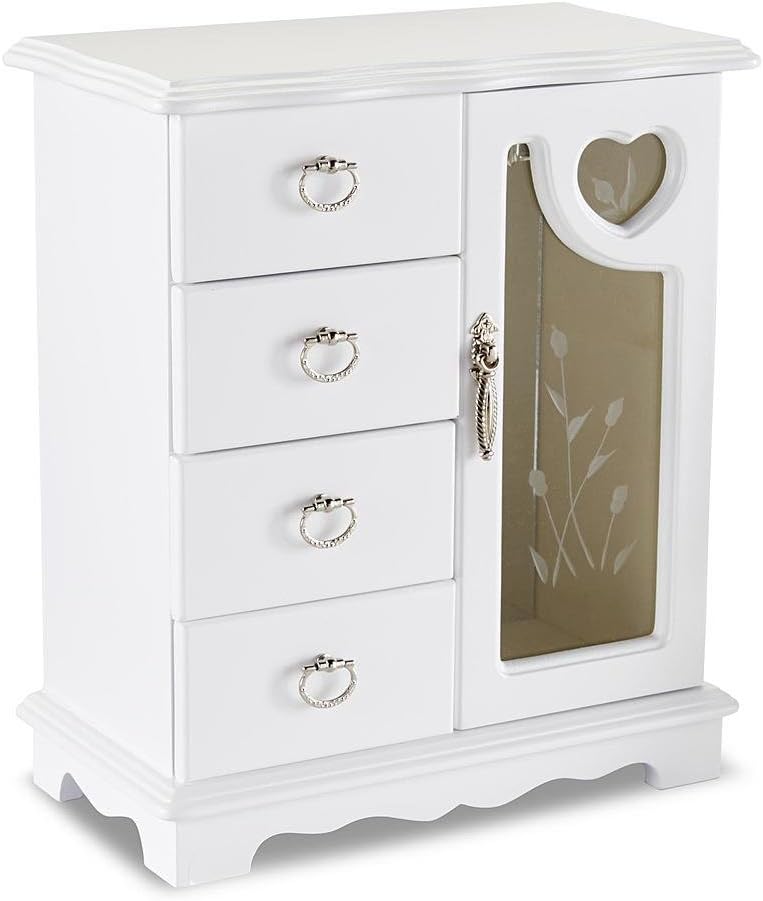 White Wood Glass Door Jewelry Box Stand Up Armoire Drawer Organizer