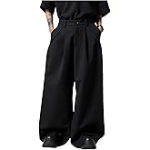 OYOANGLE Men's Baggy Wide Leg Pants Zipper Fly Pleated Work Casual Long Trousers with Pocket