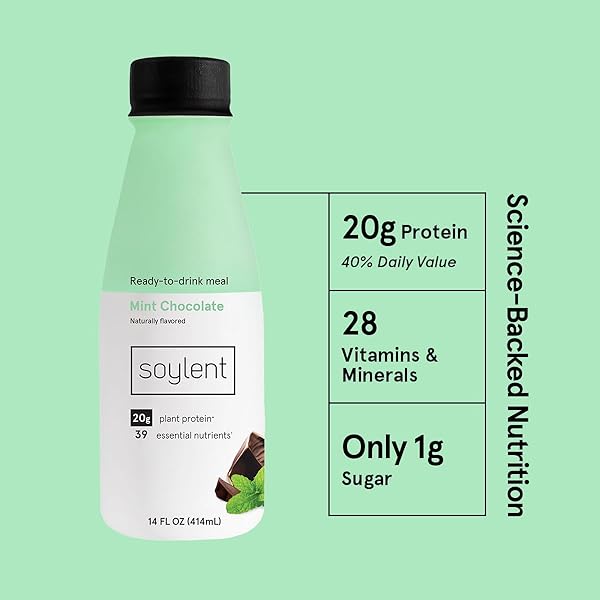 SOYLENT COMPLETE MEAL REPLACEMENT SHAKE, MINT CHOCOLATE, 20G COMPLETE PROTEIN, 28 VITAMINS & MINERALS, LOW SUGAR, 14OZ (SINGLE BOTTLE)