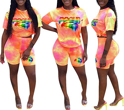 Halfword Womens 2 Piece Shorts Outfits Spandex Biker Lip Print Shorts Set Outfit Two Piece Tracksuits