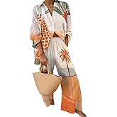 Akivide Womens Beach Vacation 2 Piece Outfits Long Sleeve Button Down Shirts and Matching Drawstring Waist Pants Summer Sets