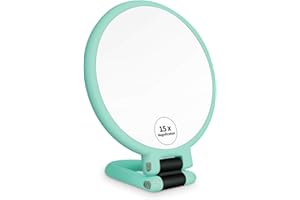 FUHUIM 1x 15x Magnifying Handheld Mirror, Double Sided Handheld Mirror with Foldable Hand, Portable Travel Mirror with Magnification for Girls Woman（Green）