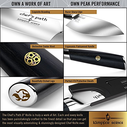 Best Kitchen Knife 8 Inch - Professional Chef Knife - Ultra Sharp Chefs Knife - German High Carbon Stainless Steel -Amazing Value with Sheath, Exquisite Gift Packaging & Booklet - CHEF'S PATH - Thumbnail 3