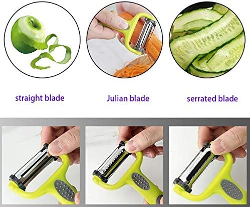 Peeler with Stainless Steel Fruit Vegetable 3 in 1 Rotary Peeler Non-Slip Comfortable Plastic Handle （Serrated-Straight-Julian）Blade