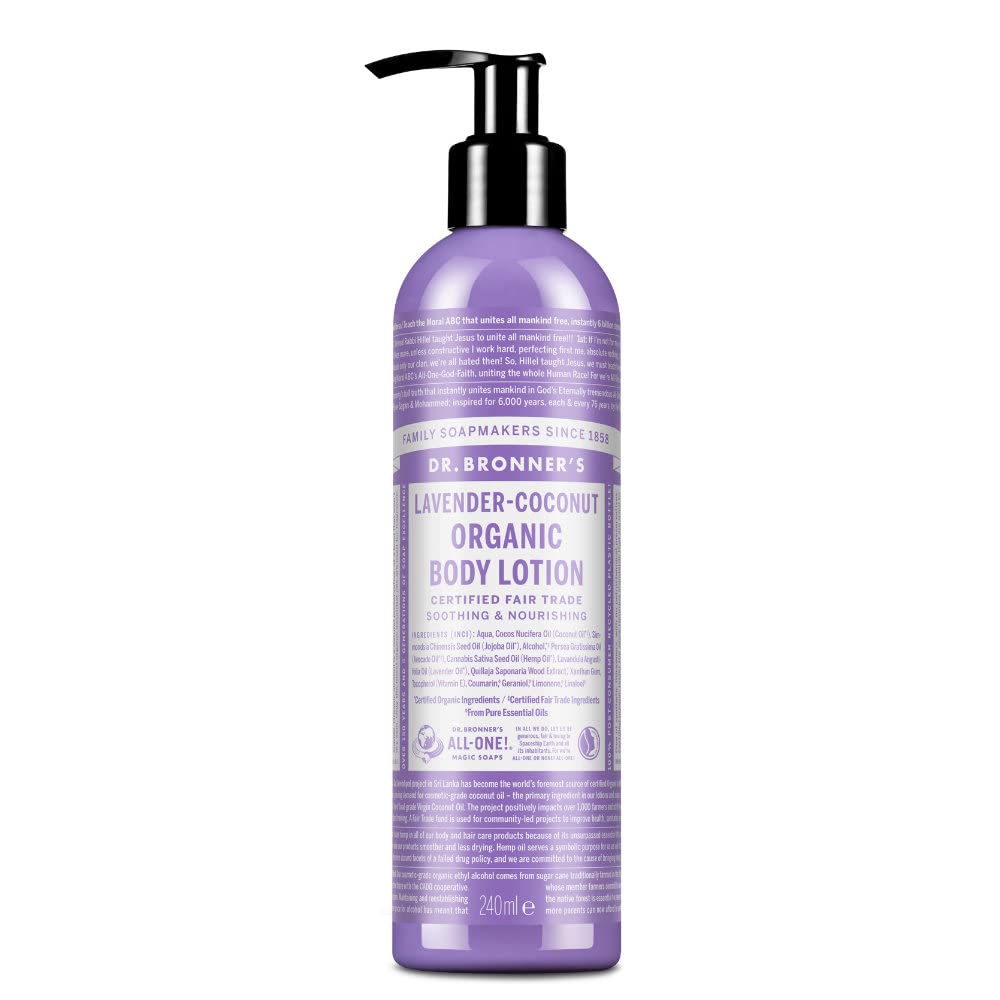 Dr Bronner's 3-in-1 Lavender & Coconut Organic Hand and Body Lotion, Made with Organic Oils. Used for Hands, Face and Body, Certified Fair Trade & Vegan Friendly, 236ml Recycled Pump Bottle