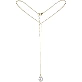 Lariat Gold Necklace for Women, Dainty Gold Long Pearl Drop Necklace Y-Shaped Choker Body Chain Non-Tarnish Trendy Pendant Chain Simple Jewelry Gift Summer Beach Accessories