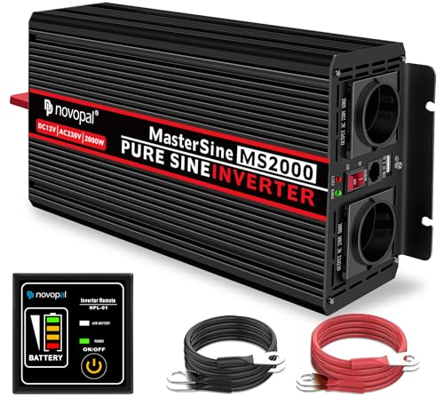 Novopal 2000W Pure Sine Wave Power Inverter DC 12 V in AC 220 V with 2 EU Socket, 1 USB, 5 M Remote Control, Suitable for Houses, Motorhomes, Trucks, Peak 4000 W