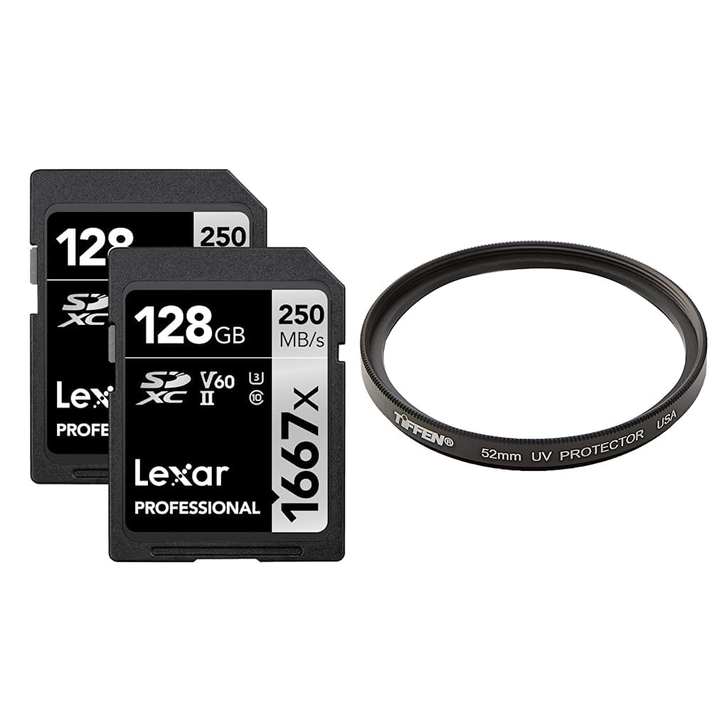 Lexar Professional 1667x 128GB (2-Pack) SDXC UHS-II Memory Cards, C10, U3, V60, Full-HD & 4K Video & Tiffen 52UVP 52mm UV Protection Filter,Black, 2.04" L x 2.04" W Image