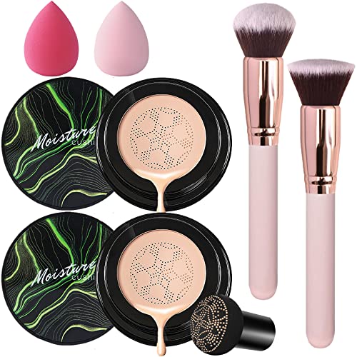 2PCS Mushroom Head Air Cushion CC Cream Foundation,Makeup Foundation Concealer Brighten Long-lasting Oil Control and Moisturizing with Makeup Brush Makeup Sponge-Natural