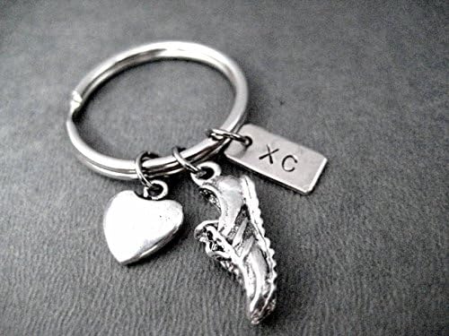 LOVE TO RUN XC Key Chain - Heart, Running Shoe Charm and Nickel Silver XC Pendant on Round Stainless Steel Key Ring