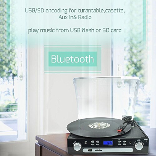 DIGITNOW-VinylLP-Turntable-Record-Player-with-BluetoothAMFM-Radio-Cassette-Tape-Aux-in-USBSD-Encoding-Playing-MP3-Built-In-Stereo-Speakers-35mm-Headphone-jack-Remote-and-LCD