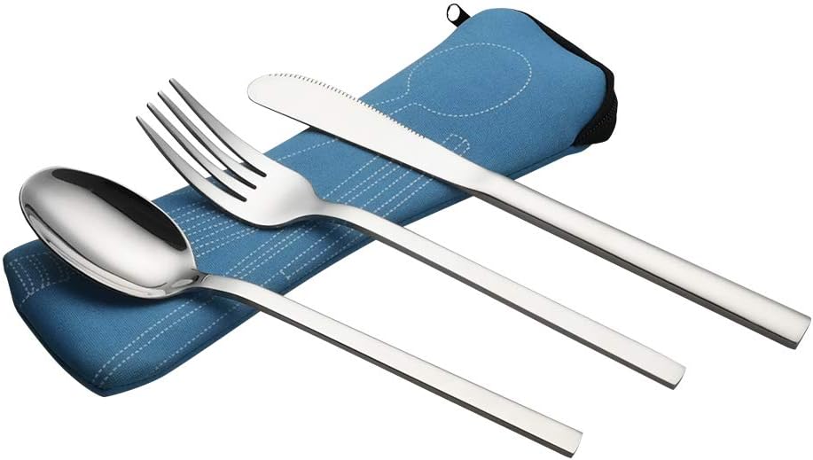 Utiao 3 Pieces Portable Travel Flatware, Lunch Cutlery Set, Knife Fork Spoon Set with Case, F