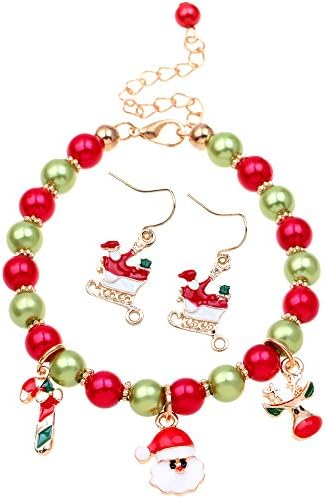 Christmas Bracelet Christmas earrings - Kids Christmas Gift Holiday Festive Jewelry Set for Girls Children Cute Holiday Fun Christmas Santa Claus Pendant Bracelets+earring