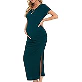 Smallshow Women's Split Long Maternity Dress Short Sleeve Ruched Pregnancy Clothes