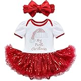 TIAOBU Baby Girls Sequins Santa Tutu Romper Headband Outfits My First Christmas White, Red 3 Months