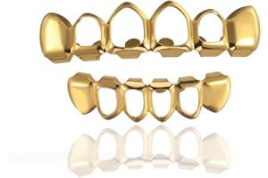 AINTTBY 18K Gold Plated Open Face Top and Bottom Grillz for Your Teeth Grill Hip Hop street Cosplay Costume Rapper Accessory Halloween hollow out